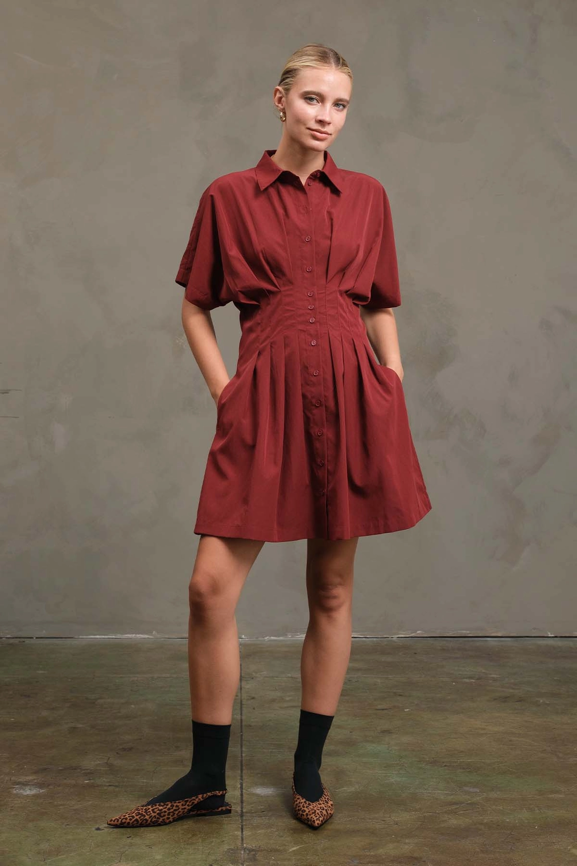 Burgundy Wide Pintuck Shirt Dress