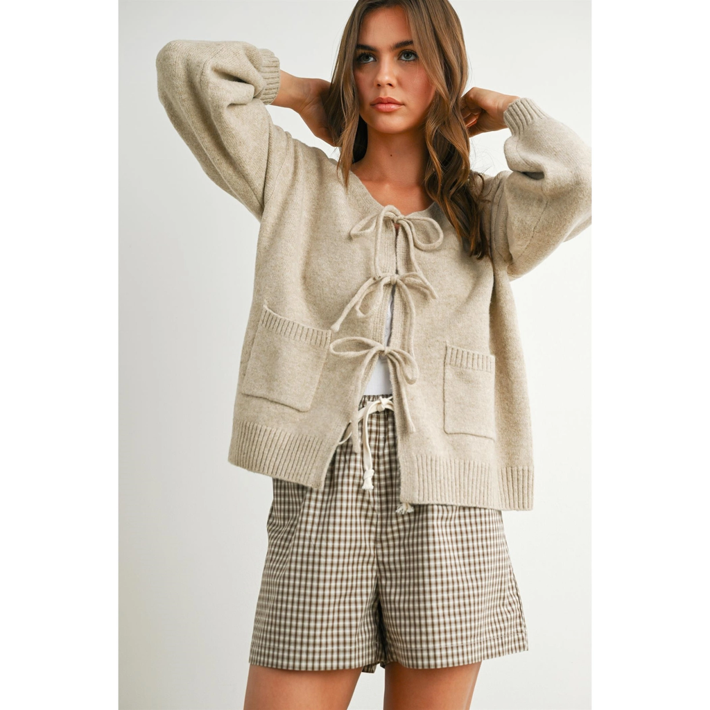 Knot Front Long Sleeve V-Neck Cardigan
