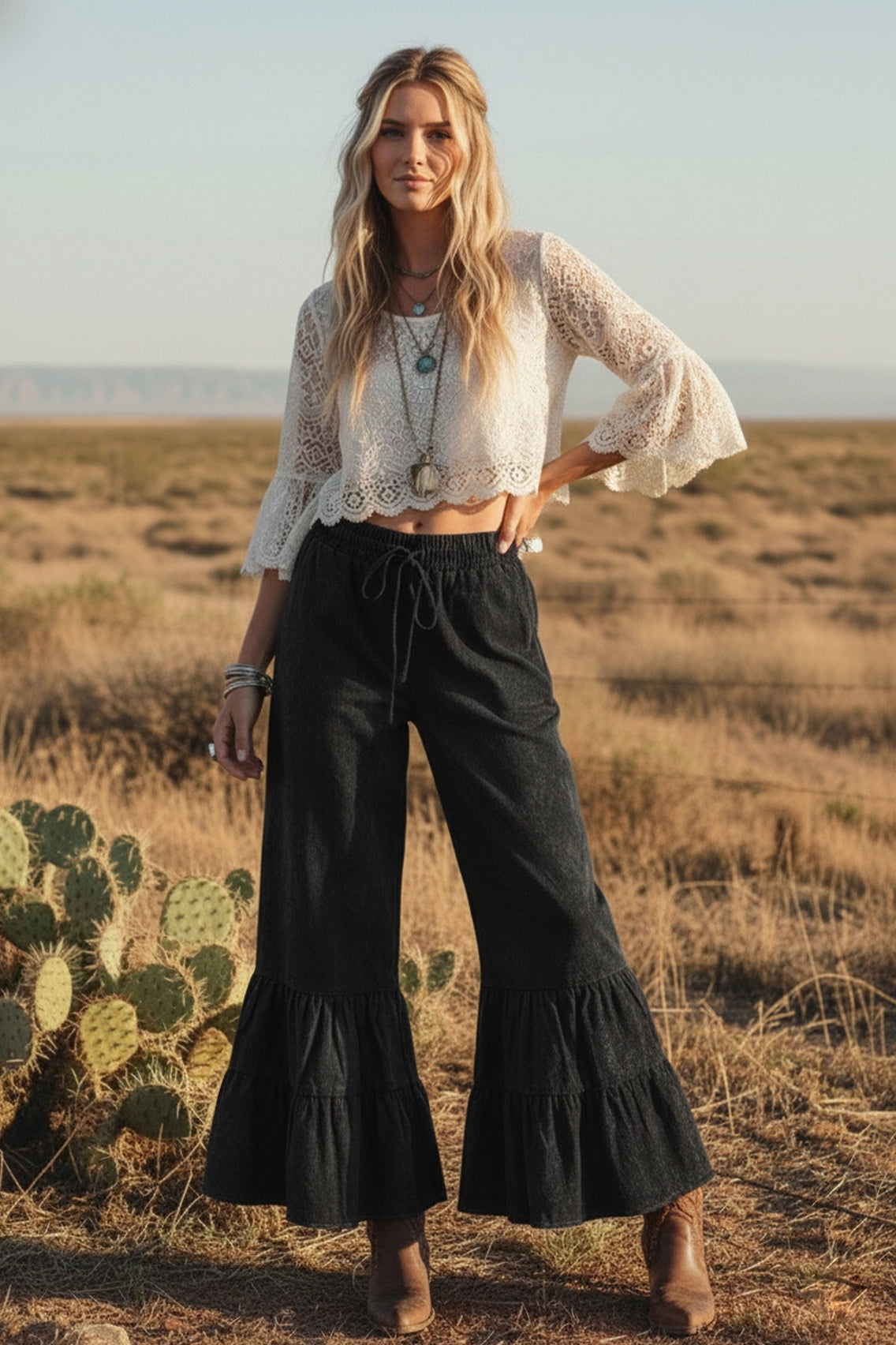 Stone Washed Woven Tiered Ruffle Wide Leg Pants