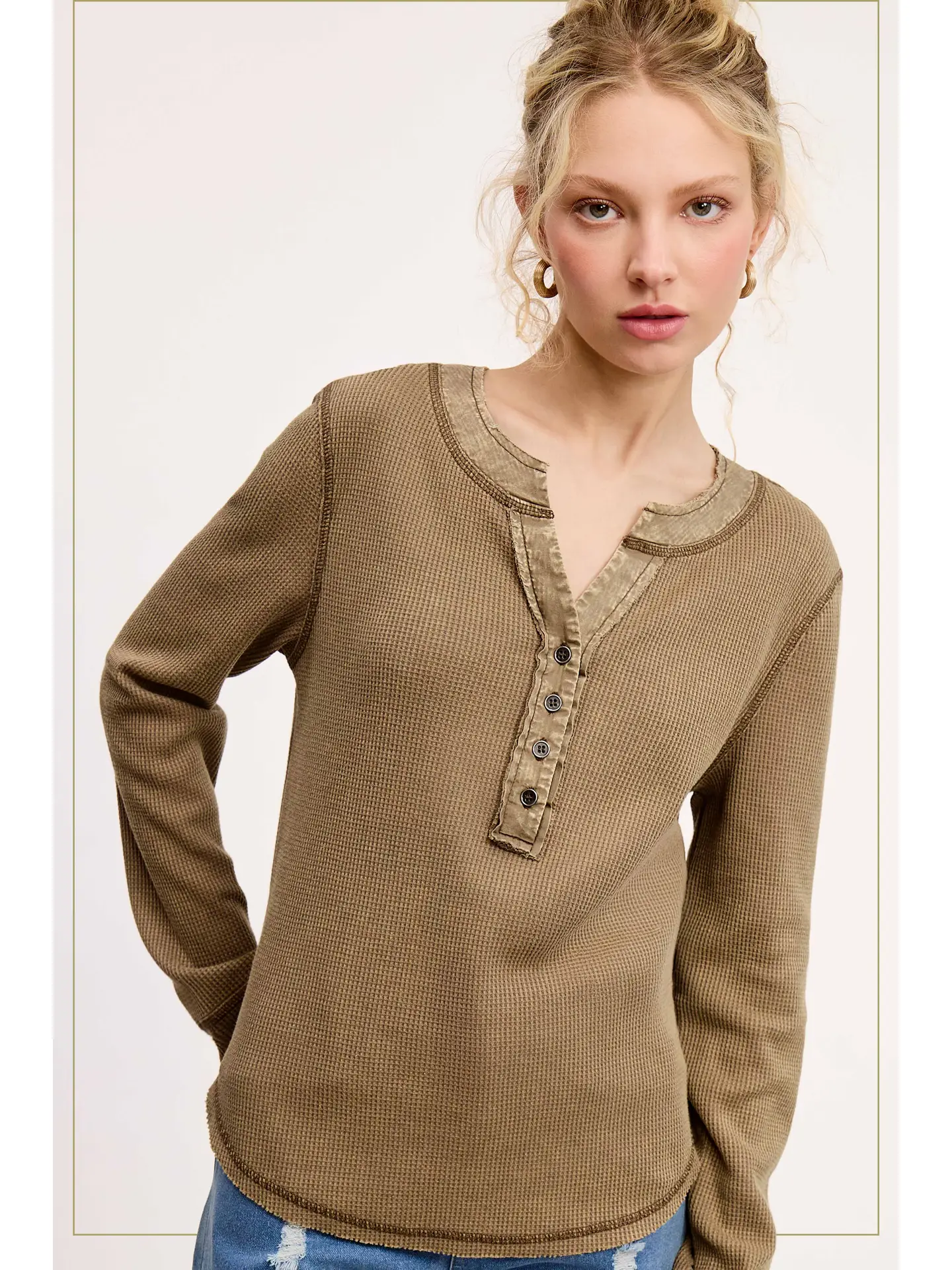 Fade Olive Waffle Long Sleeve Button Front Henley Thermal Top