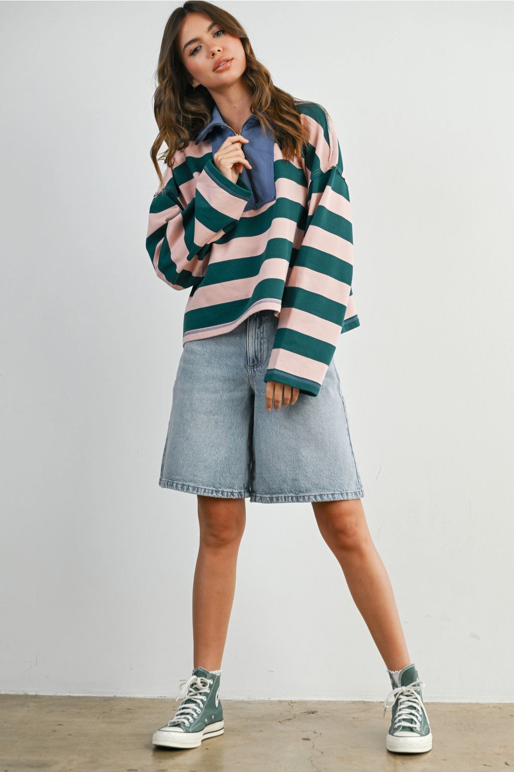 Striped Quarter-Zip Contrast Collar Sweatshirt