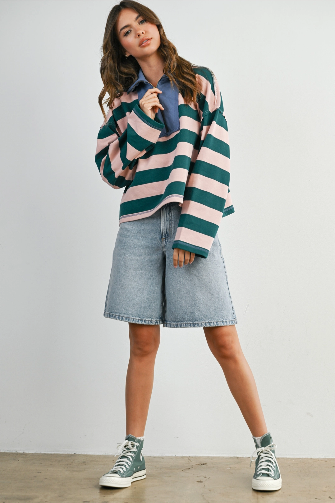 Striped Quarter-Zip Contrast Collar Sweatshirt