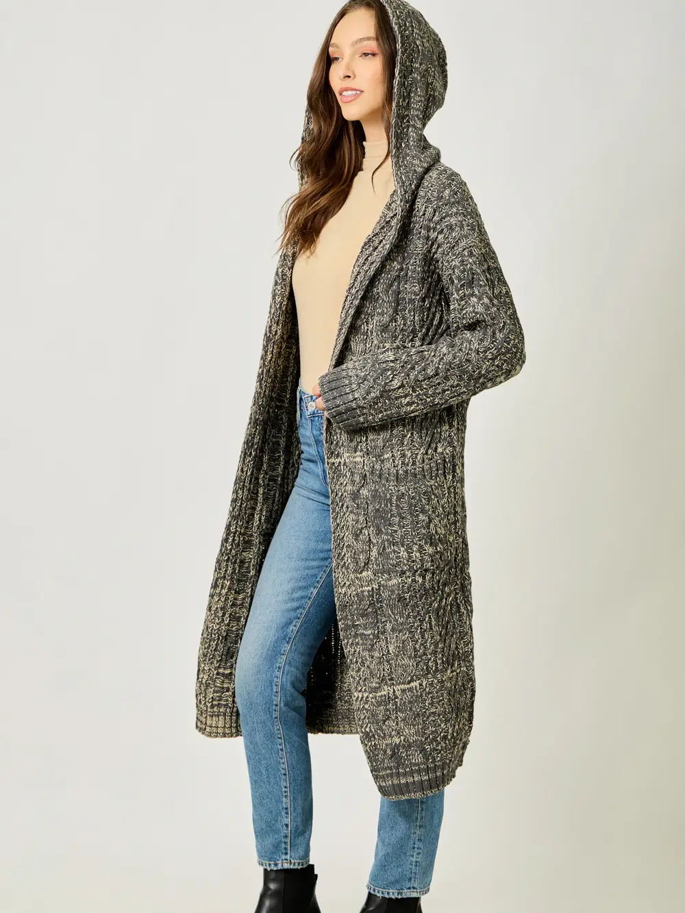 Mystree Sweater Open Long Hooded Cardigan