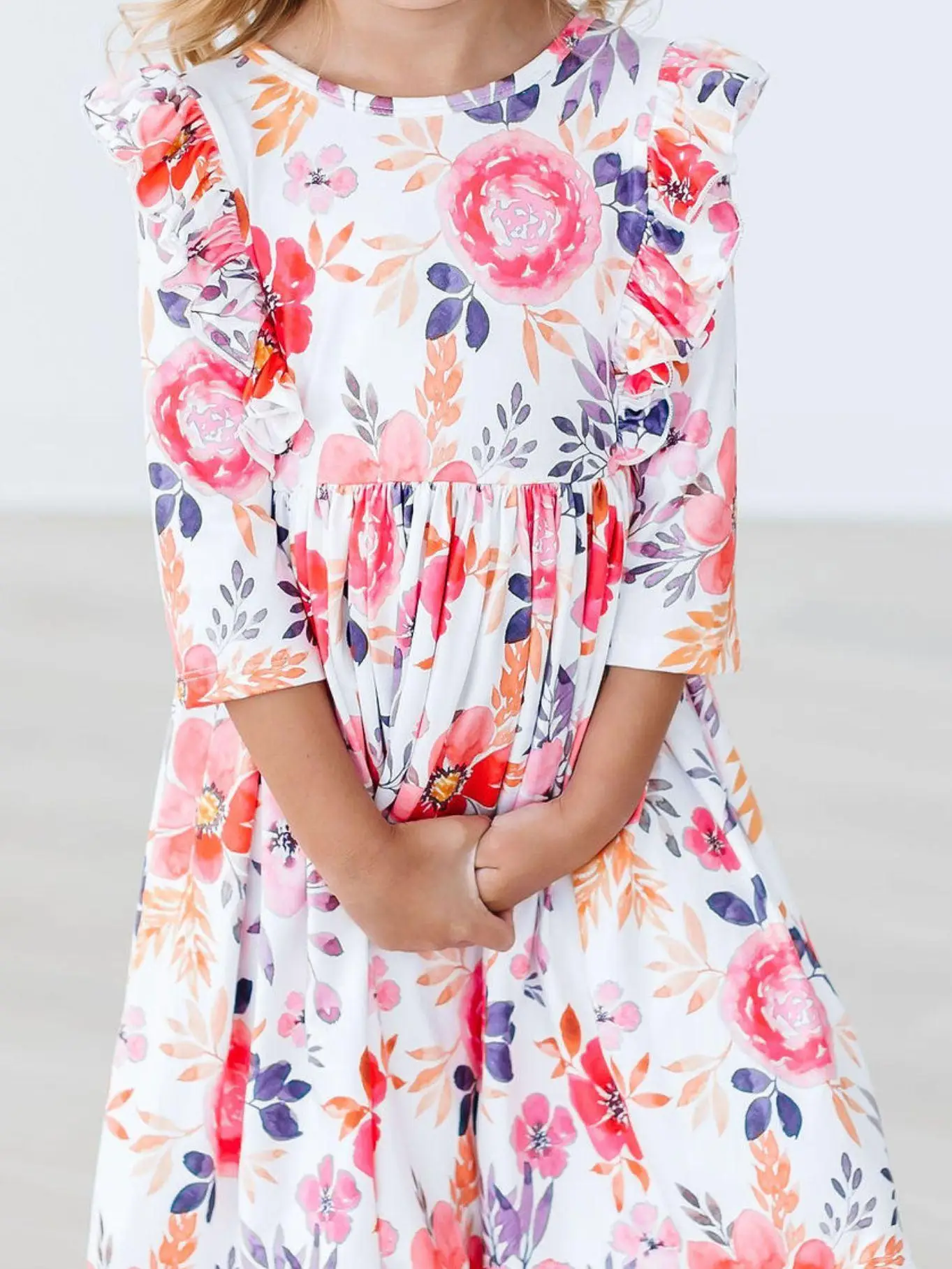 Tangerine Leaves 3/4 Sleeve Ruffle Twirl Dress