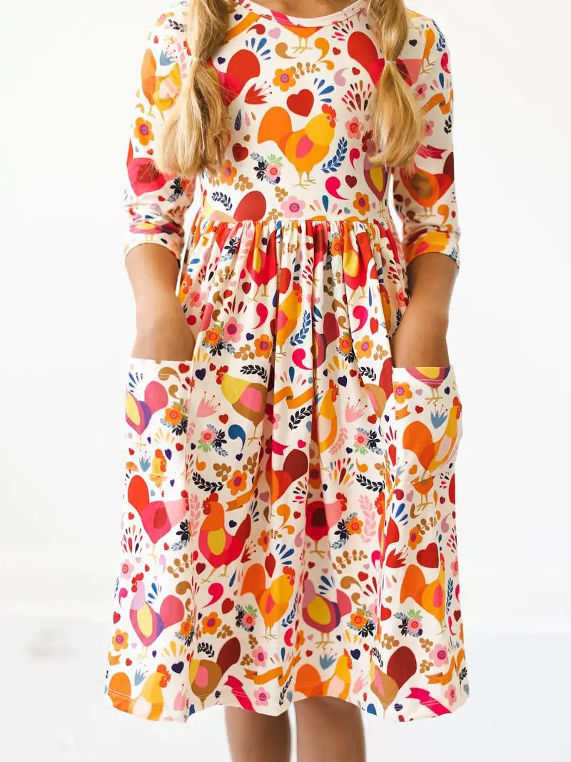 Little Red Hen 3/4 Sleeve Pocket Twirl Dress