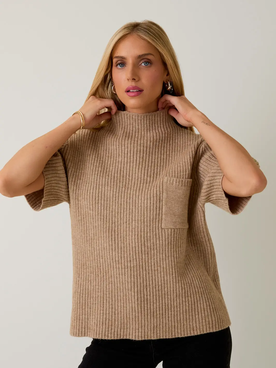 Mocha Mock Neck Half Sleeve Sweater Top