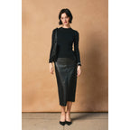 Faux Leather Back Slit Midi Skirt