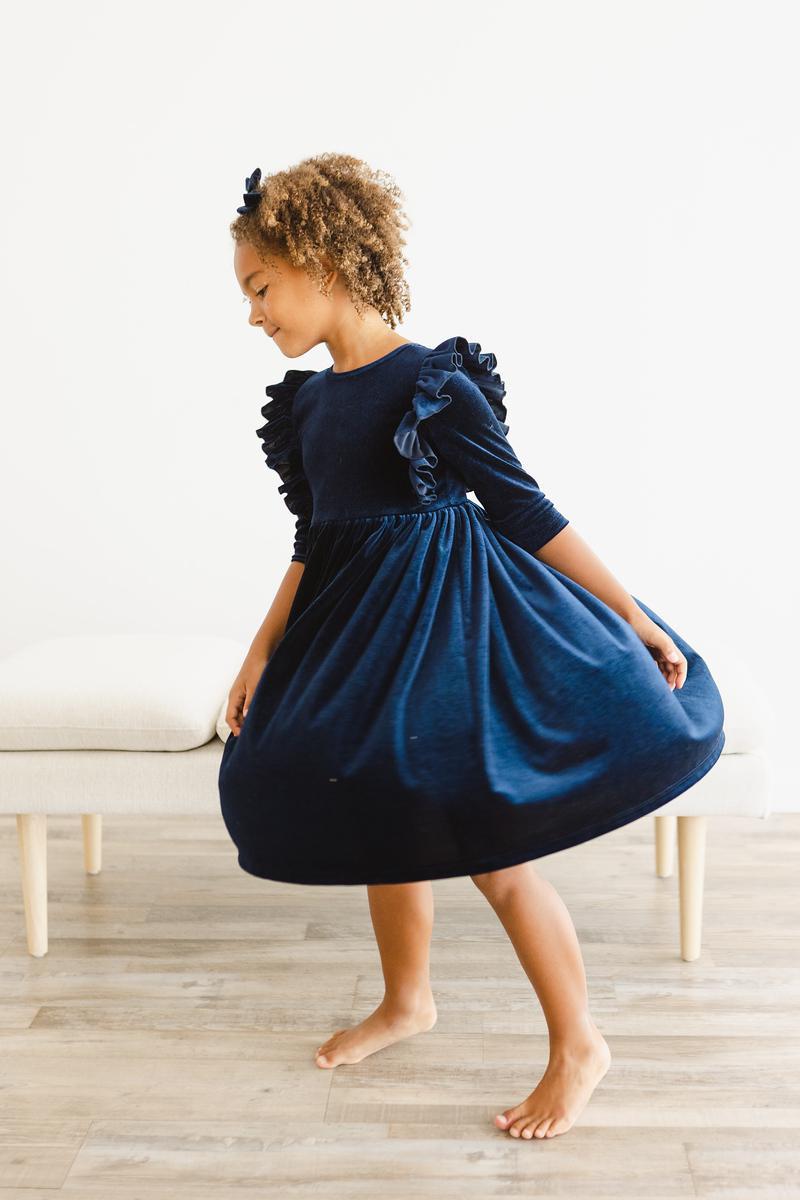Mila & Rose Navy Velvet Ruffle Twirl Dress