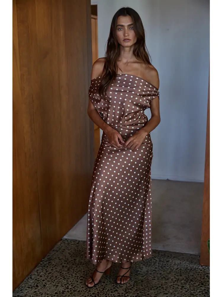 Chocolate Satin Polka Dot Cowl Neck Maxi Dress