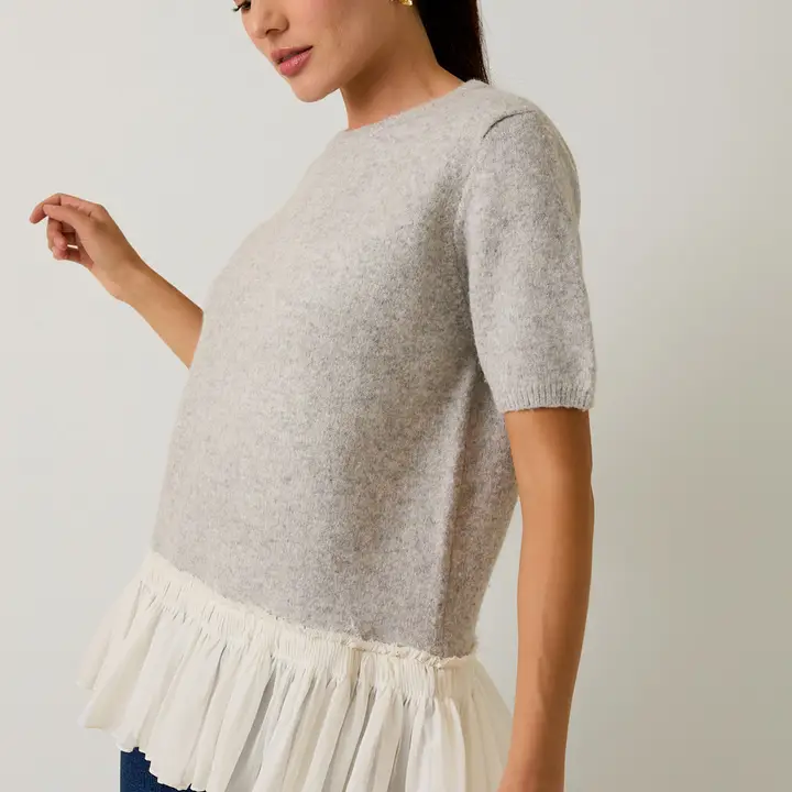 Grey Crew Neck Frill Detail Sweater Woven Mix Top