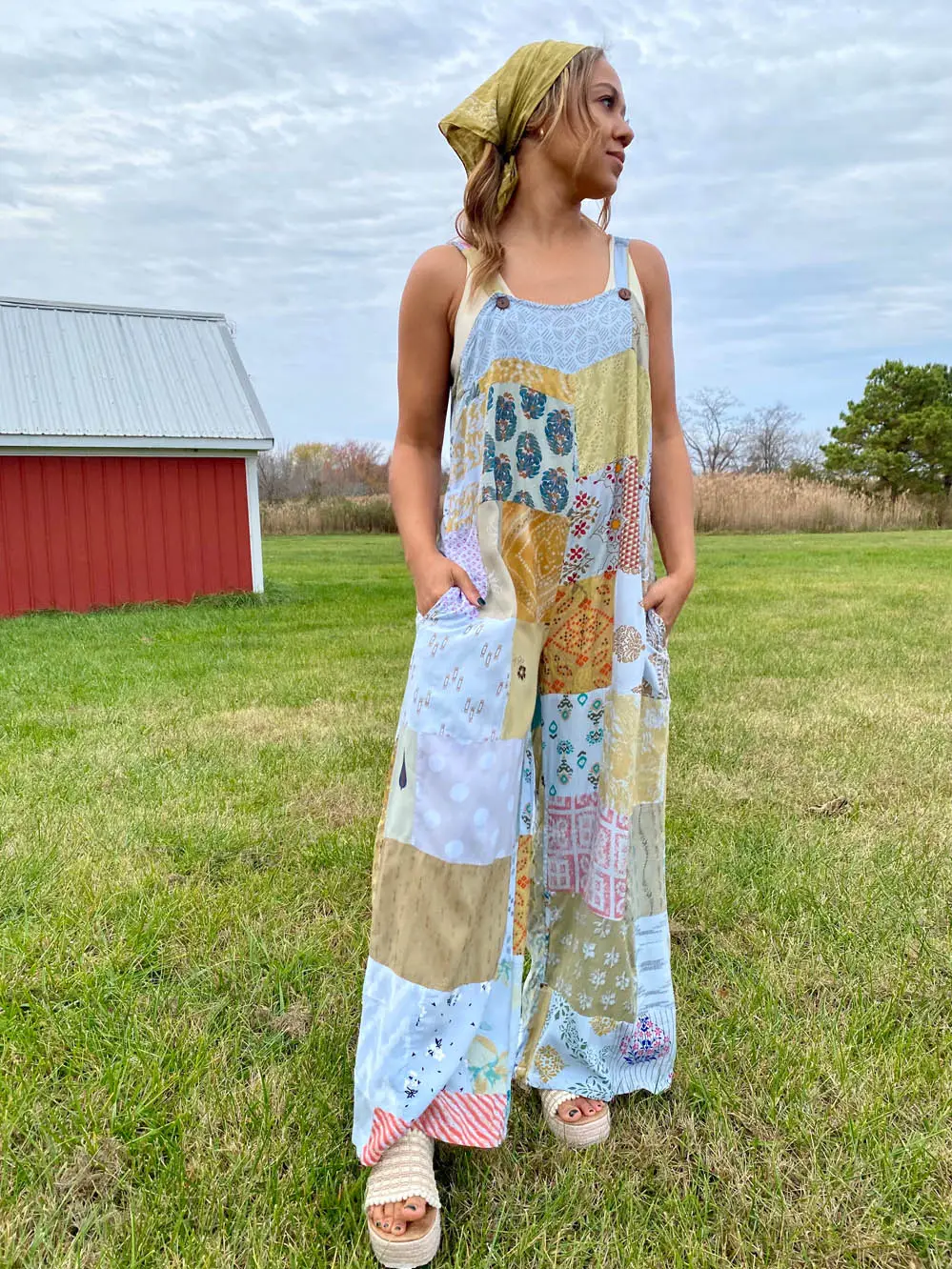 Blue Sky Patchwork Overalls in Rayon