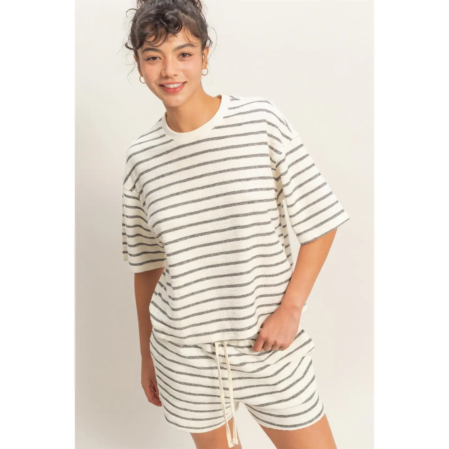 Striped Short Sleeve Terry Crewneck Top