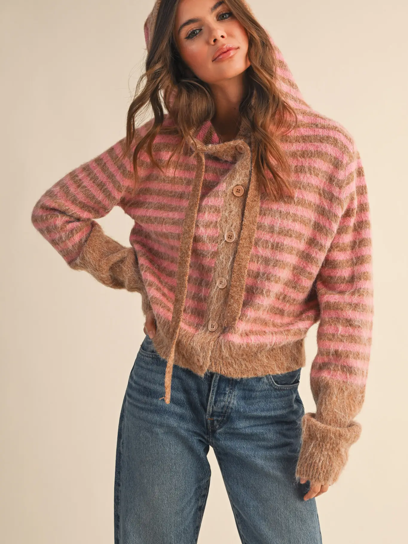 Taupe Mauve Striped Hoodie Sweater Cardigan
