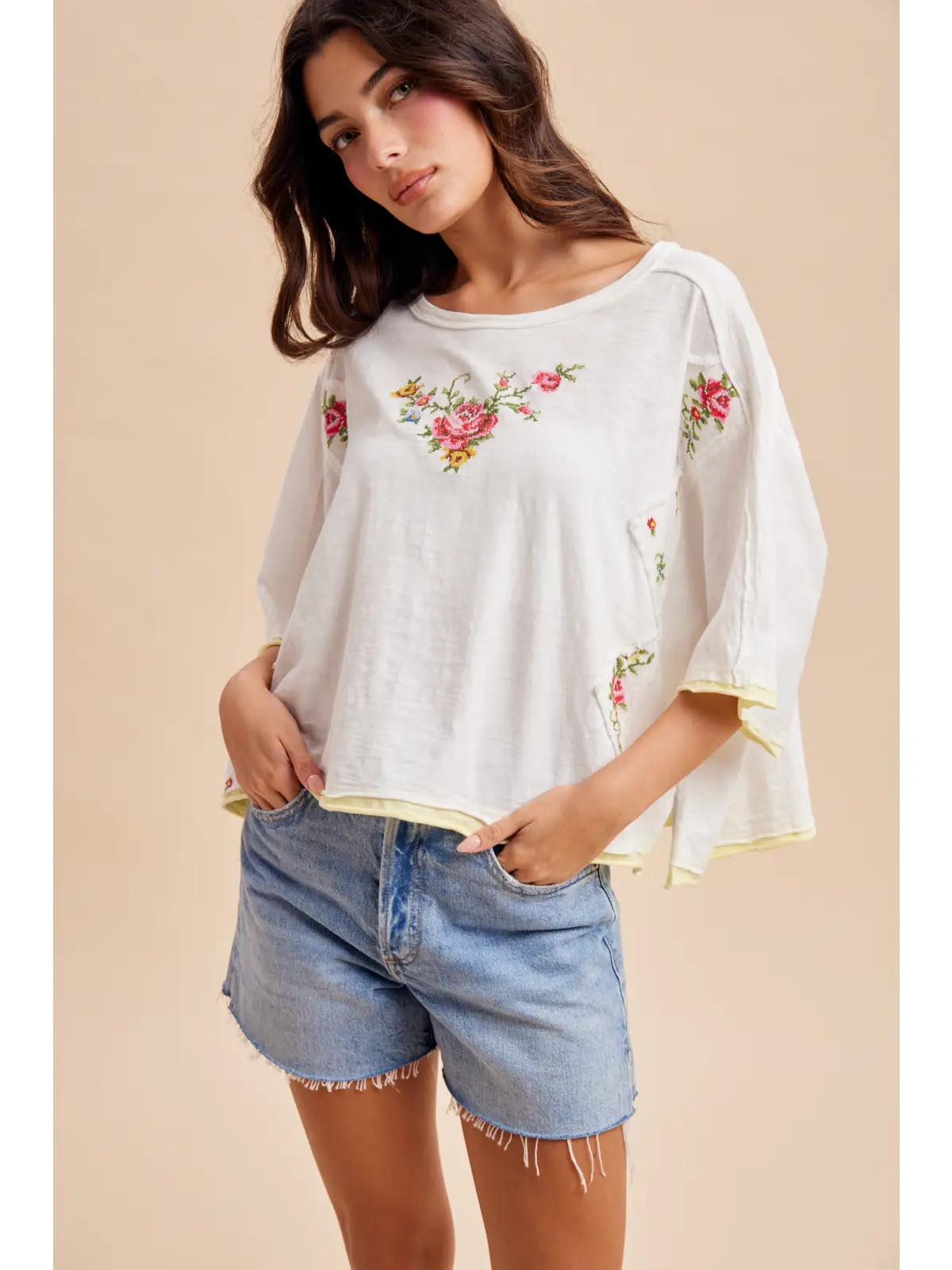 Cross Stitched Floral Embroidered Tee