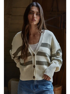Cream Olive Striped Knit Sweater Button Down Cardigan