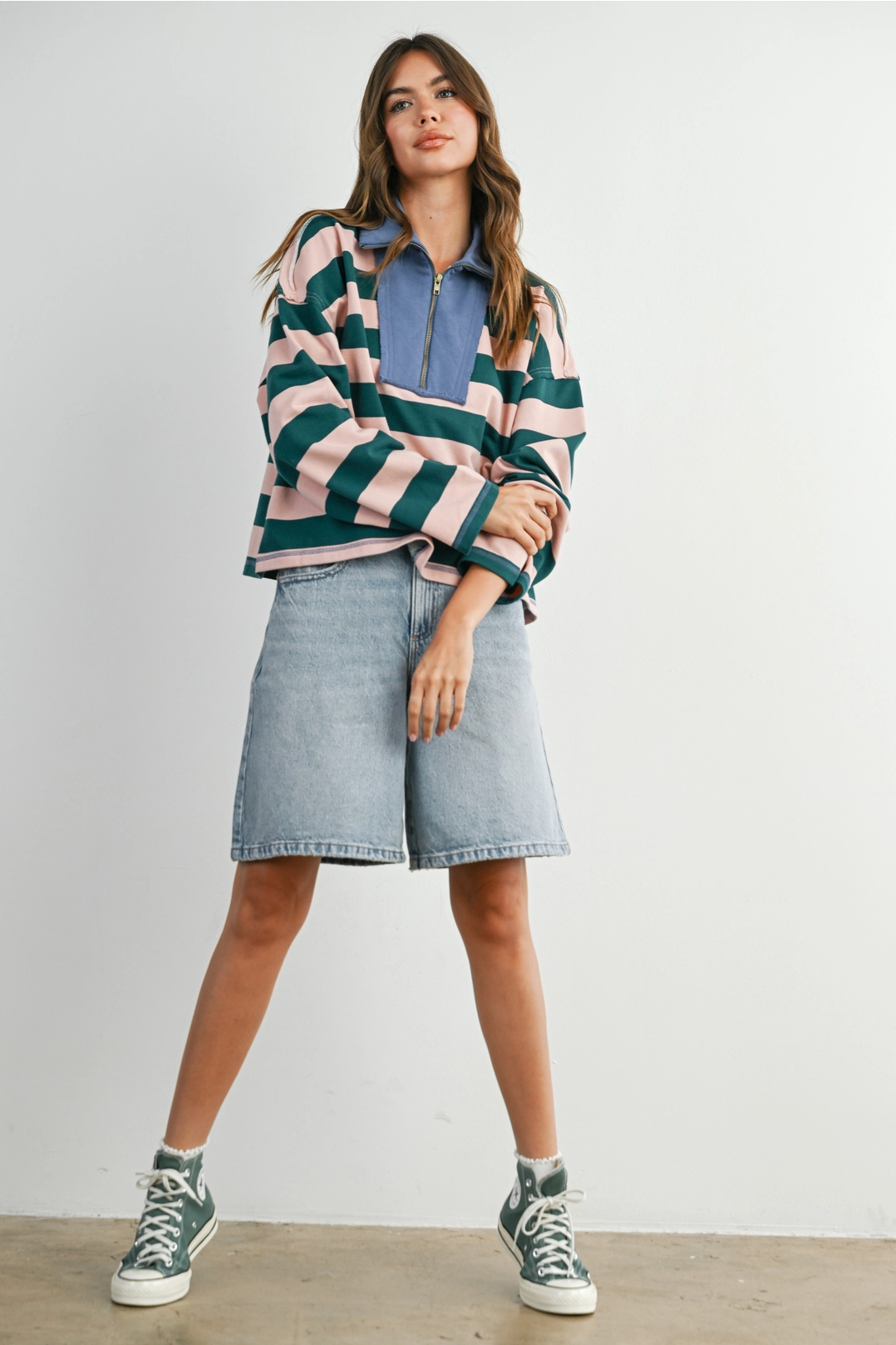 Striped Quarter-Zip Contrast Collar Sweatshirt
