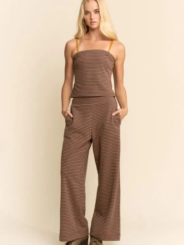 Davi & Dani Brown Yellow Strapless Top & Wide-Leg Pants Set