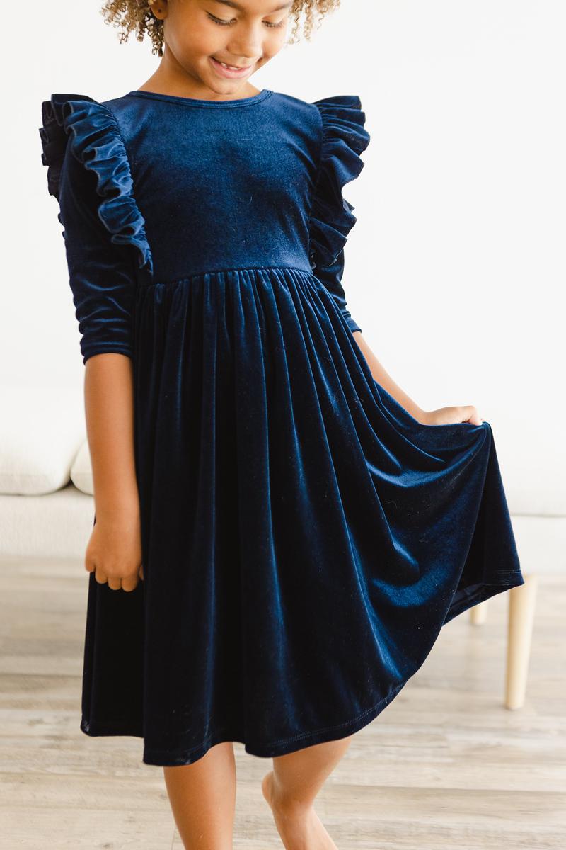 Mila & Rose Navy Velvet Ruffle Twirl Dress