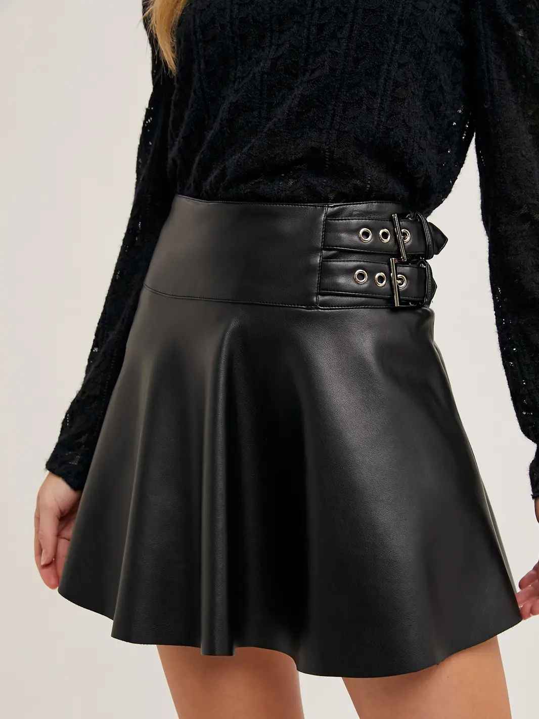 Black Faux Leather Side Double Buckled Skirt