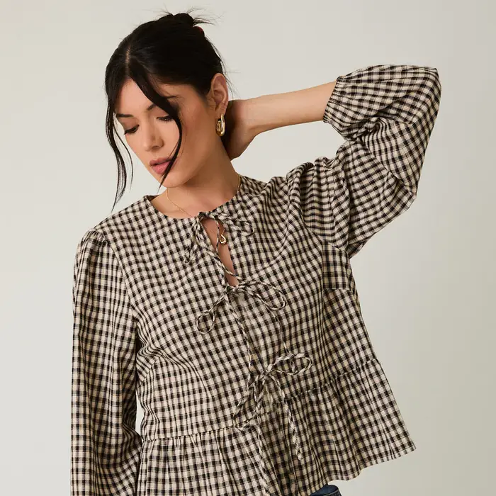 Cream & Black Plaid Front Ties Long Sleeve Blouse