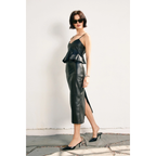 Faux Leather Back Slit Midi Skirt