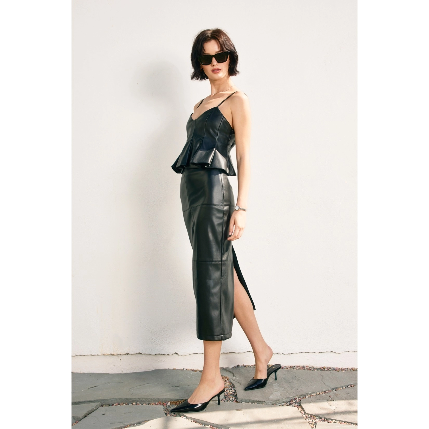 Faux Leather Back Slit Midi Skirt