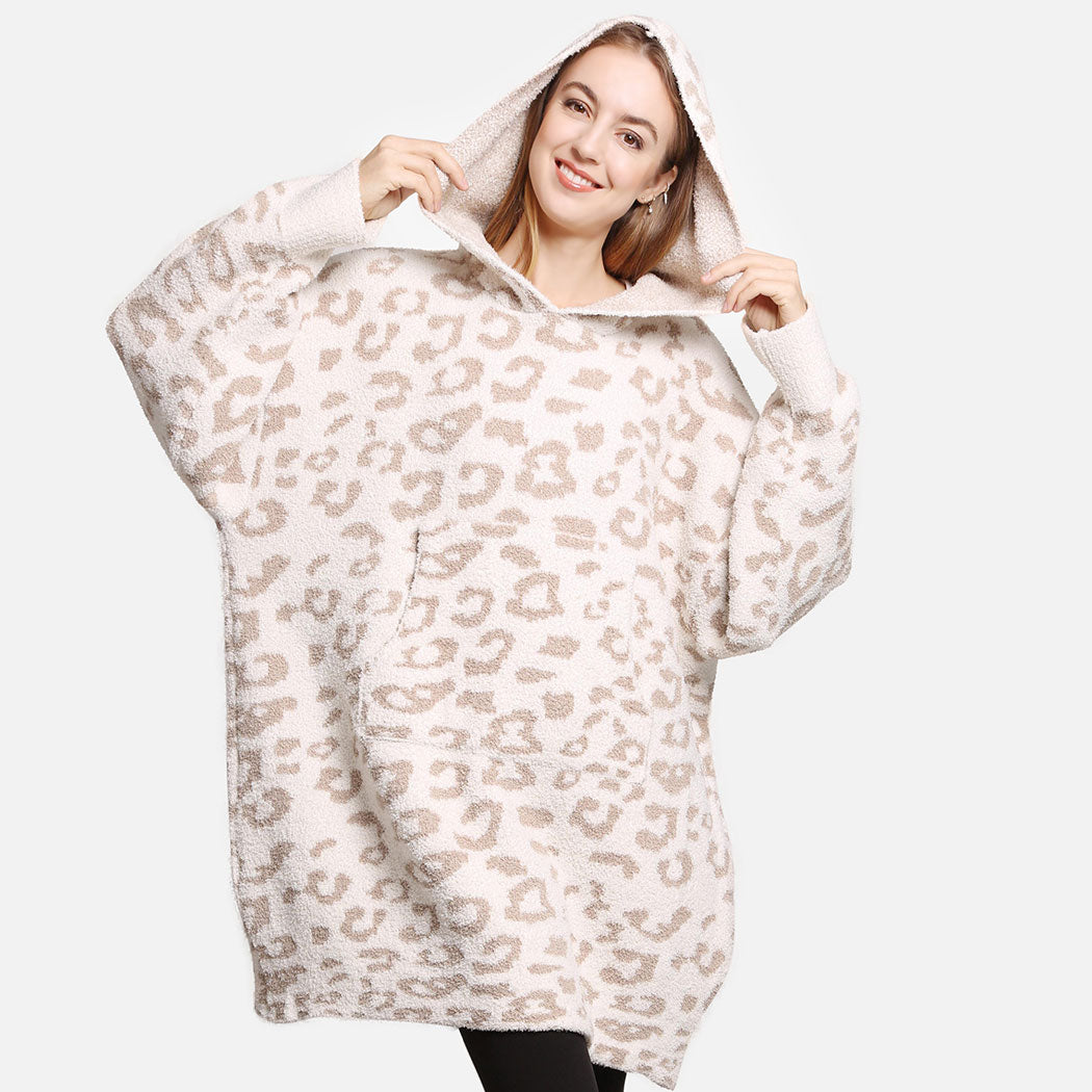 Leopard Print Hooded Snuggie with Pocket