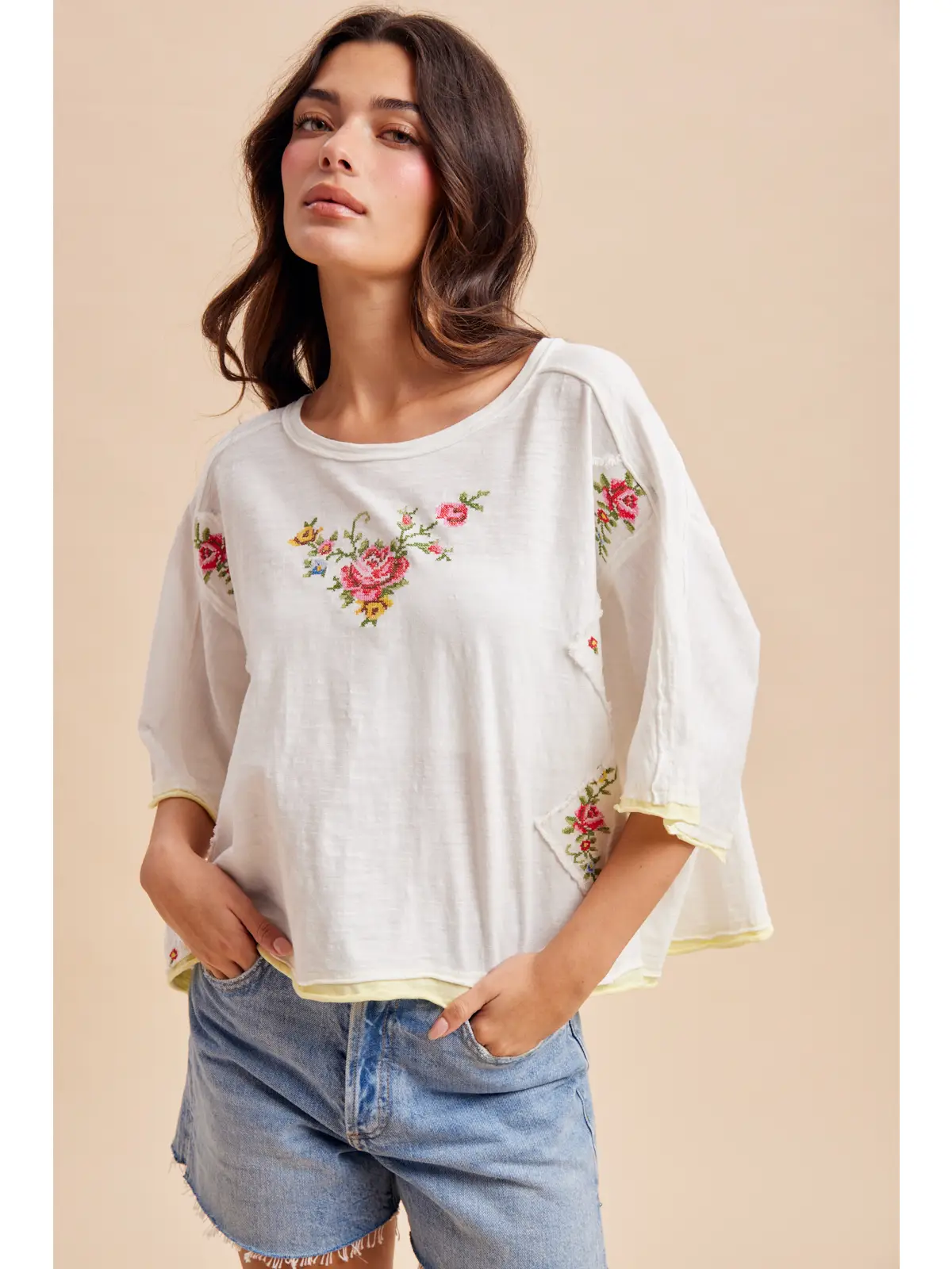 Cross Stitched Floral Embroidered Tee