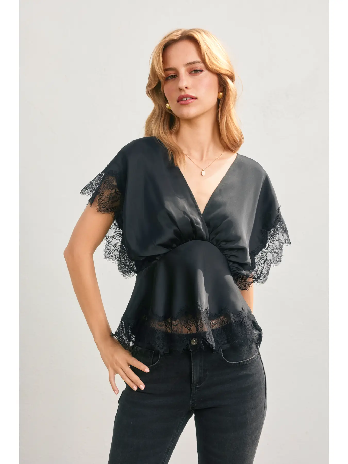 Dress Forum Black Dull Satin Lace Blouson Top