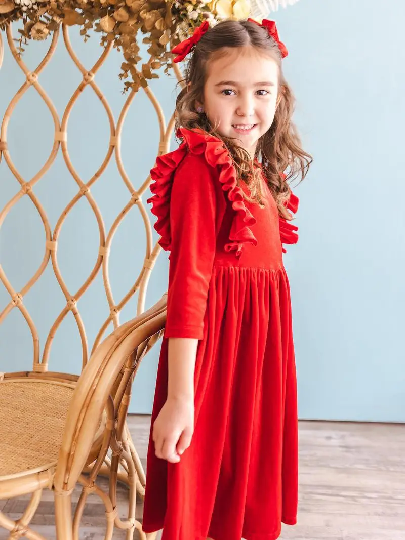 Red Velvet Ruffle Twirl Dress