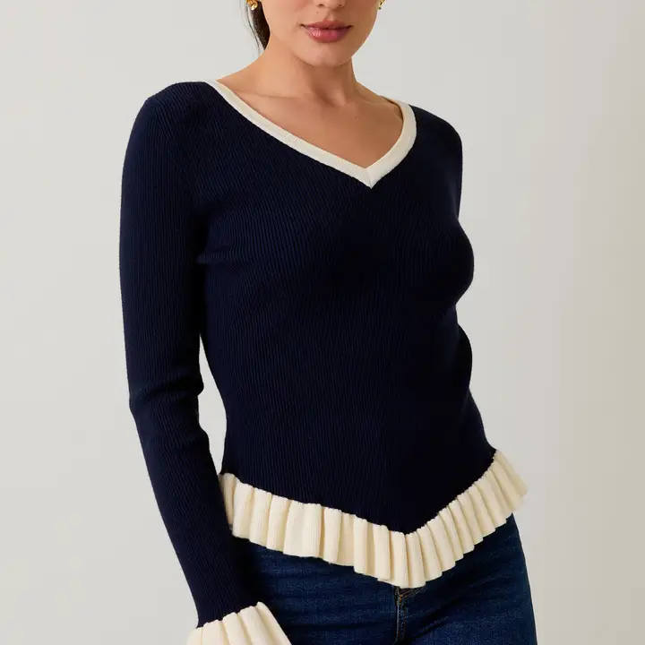 Navy & White V-Neck Long Sleeve Rib Top