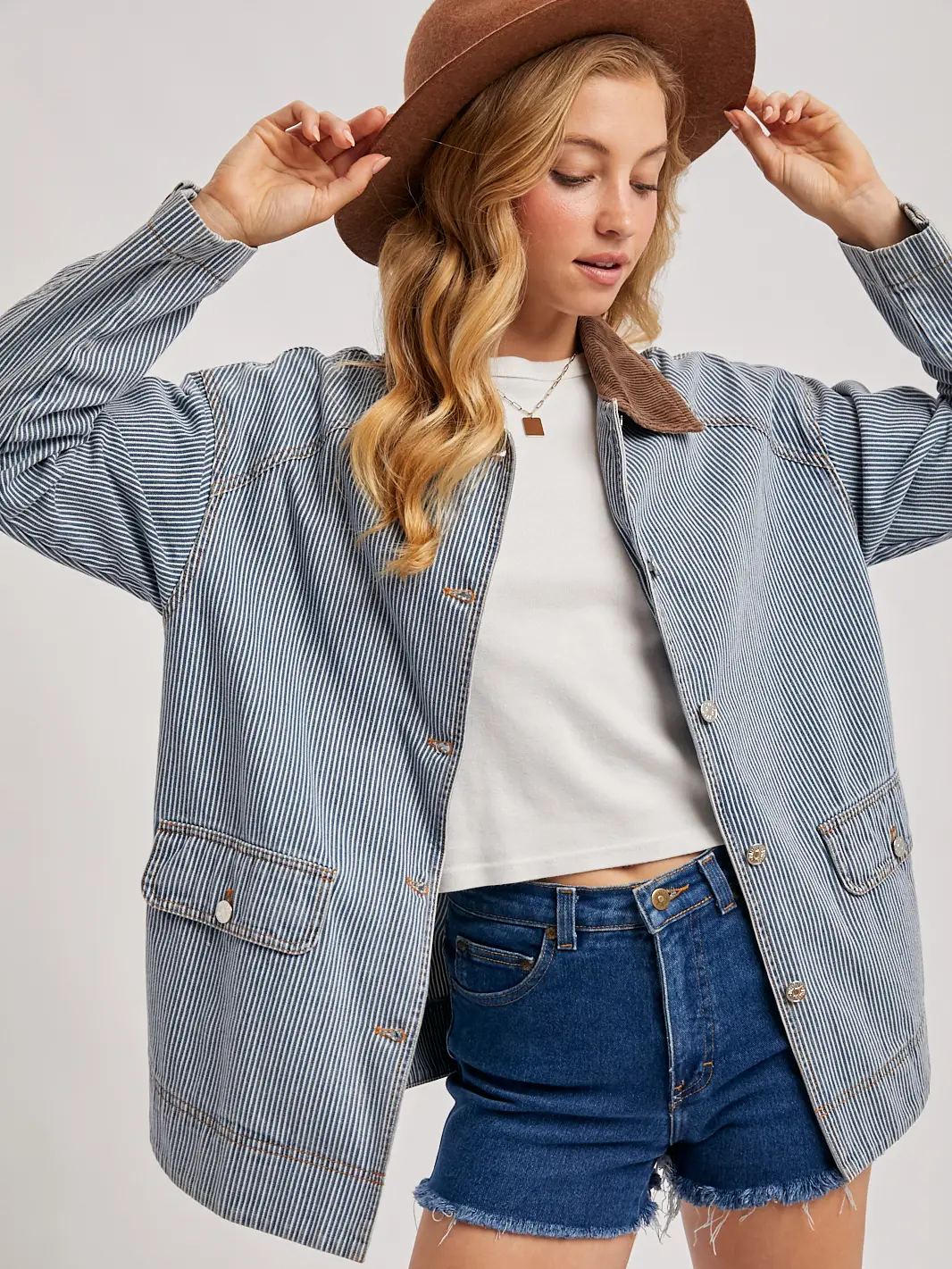 Bluivy Striped Denim Corduroy Collar Contrast Barn Coat
