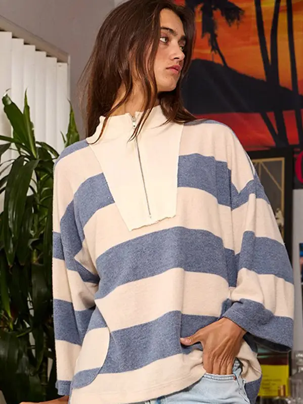 Half-Zip Stripe Brush Knit Pullover