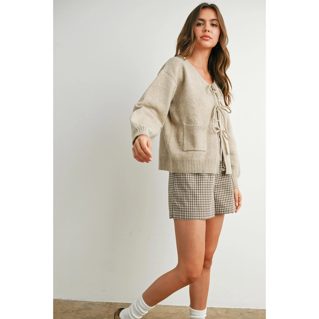 Knot Front Long Sleeve V-Neck Cardigan